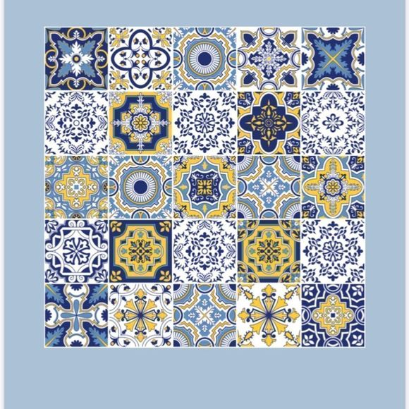 Moroccan Tribal Trendy Tile Blue yellow Poster Wall Art set of four Art Print - Picture 9 of 12